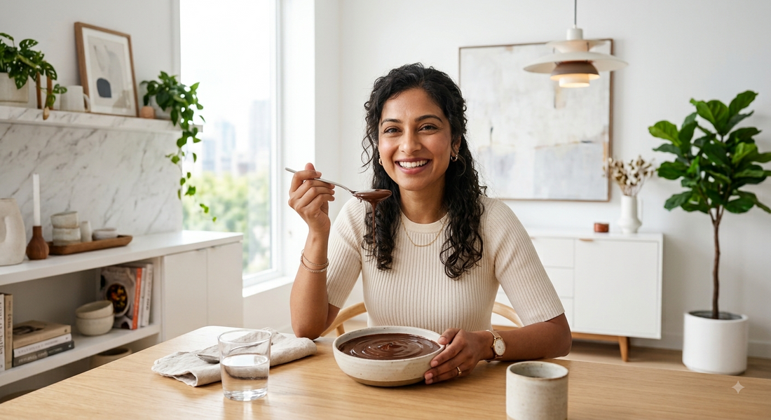 Woman eating NeuMeal meal replacement with a spoon, illustrating its viscous, fibre-rich texture.