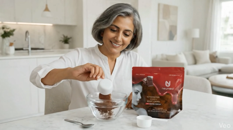 a woman using neumeal meal replacer for weight management and hormonal wellness