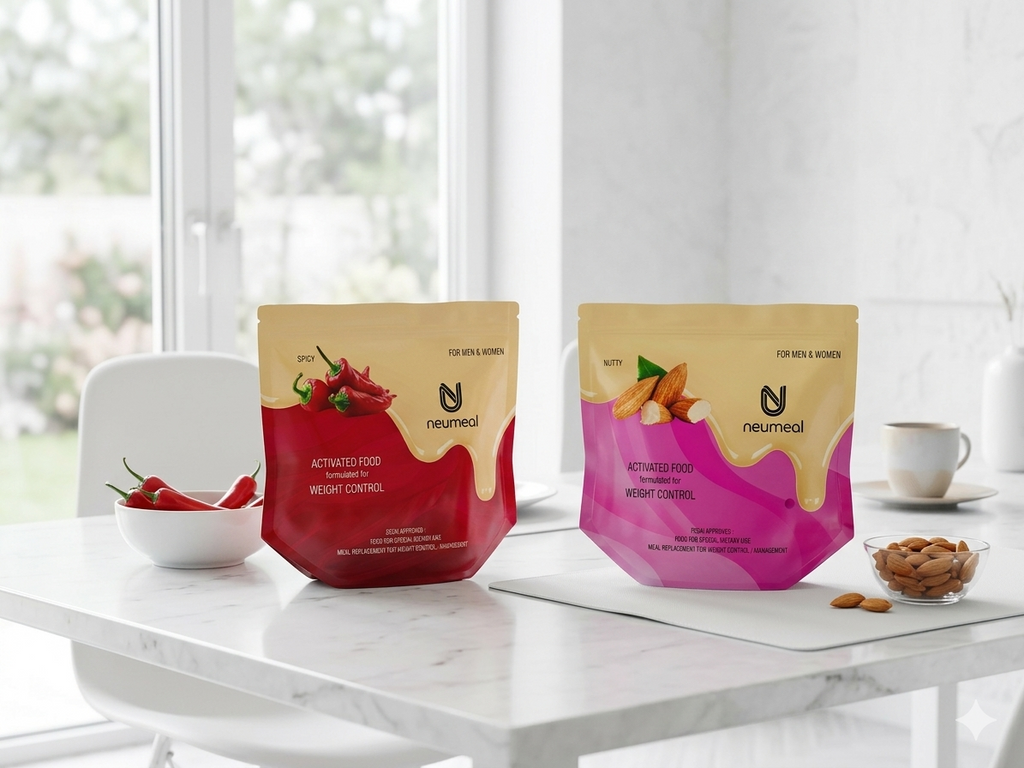 two variants of neumeal low calorie meal replacers- nutty and spicy packages