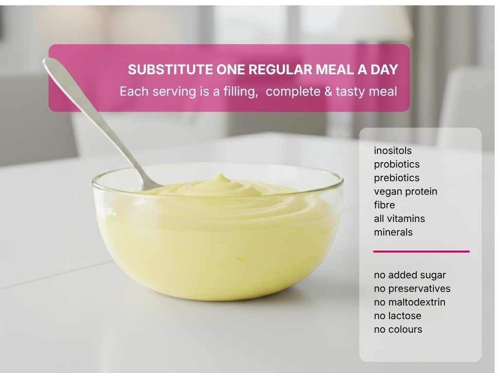 Substitute one regular meal a day. Each serving is a filling, complete and tasty, vegan meal. Complete will inositol, bioactives, protein, fibre, all vitamins and minerals. No added sugar, no preservatives, no maltodextrin, no lactose, no colours, no soya and no diary. 