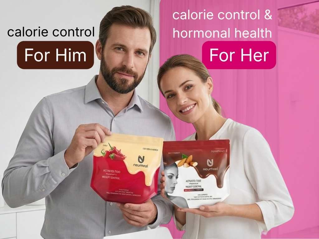 Man holding neumeal meal replacer for calorie control and a woman holding neumeal meal replacer for calorie control and hormonal health