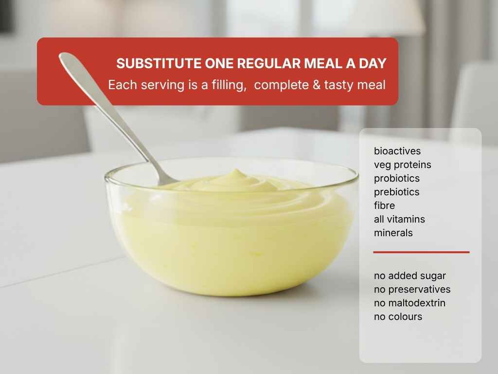 substitute one regular meal a day , each serving is a filling complete and tasty meal, contains all nutrients for a nutritious meal