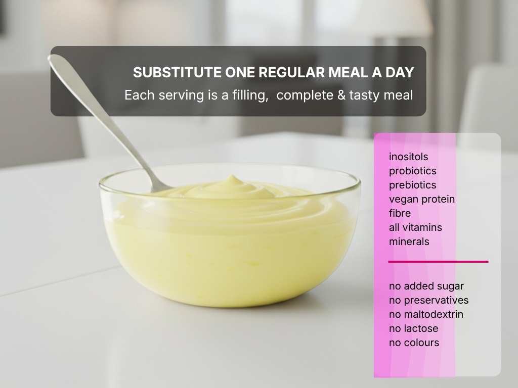Neumeal food, substitute one regular meal a day , a filling complete tasty meal with inositols, probiotics, prebiotics, vegan protein, all vitamins and minerals