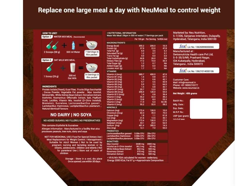 Complete label information of Neumeal women's meal replacer - harmony range. 