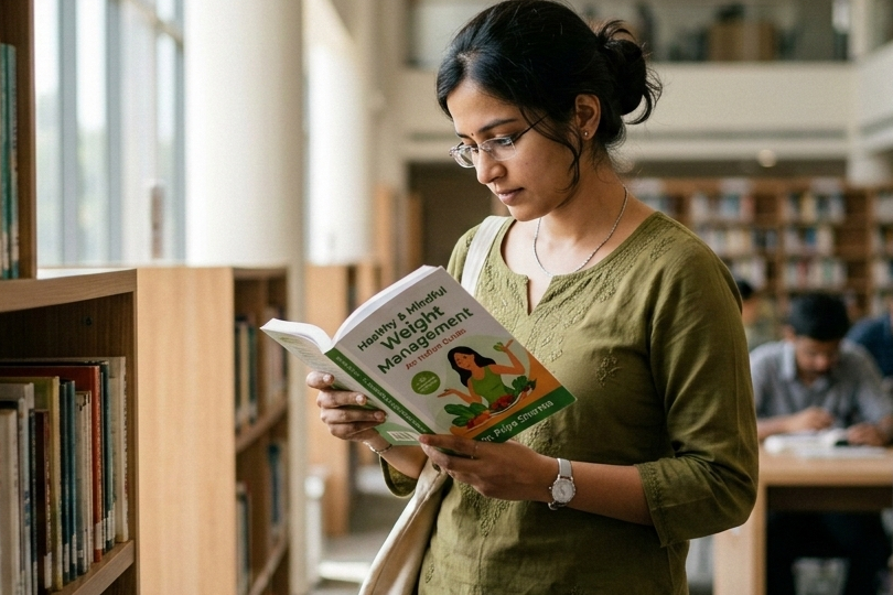 woman reading a weight management book in a library