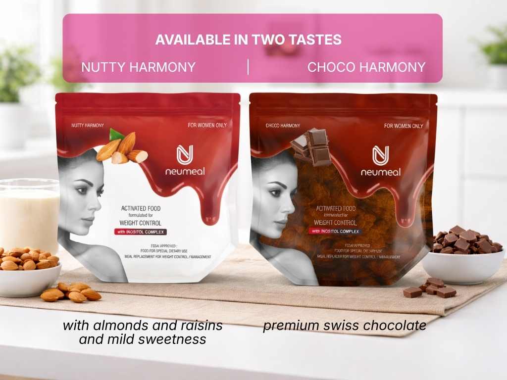 Two variants of neumeal harmony range of meal replacers for women-weight-loss-and-hormonal-wellness- nutty harmony and choco harmony